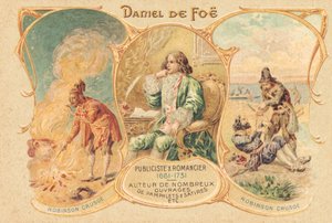 Daniel Defoe kirjoituspöytänsä ääressä ja kuuluisa työnsä (printti) tekijältä Unbekannter Künstler