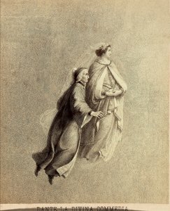 Dante ja Beatrice lentävät paratiisin taivaanrannan halki. Kuvitus Dante Alighierin Jumalaisen komedian Paradiso-kappaleen I laulusta. Franceso Scaramuzzan Firenzen kunnalle omistama teos. tekijältä Unbekannter Künstler
