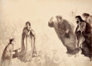 Dante ja Beatrice apostolien Pietarin, Jaakobin ja Johanneksen kirkkaiden henkien edessä. Pietari on nostanut kätensä ylös vihan merkiksi. Kuvitus Dante Alighierin teoksen Jumalaisen komedian Paradiso-kappaleen XXVII kantosta. Francesco Scaramuzzan teos, j tekijältä Unbekannter Künstler