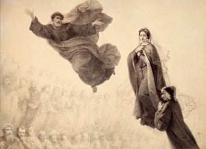 Dante ja Beatrice tapaavat Pietarin. Kuvitus Dante Alighierin teoksen Jumalaisen komedian Paradiso XXIV-kappaleesta. Francesco Scaramuzzan Firenzen kunnalle omistama teos. tekijältä Unbekannter Künstler
