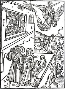 Arkkienkeli Pyhä Mikael jahtaa paholaisia, kun taas ihmiset jatkavat toimintaansa