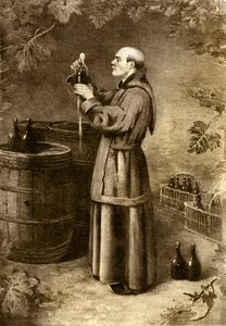 Dom Perignon löysi sammalta vuonna 1714 - 1900-luvun alku (kaiverrus)