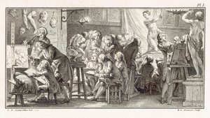 Piirustusluokka, kuvitus M. de Landen tieteiden sanakirjasta, n. 1770 (litho) tekijältä Unbekannt