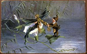 Kääpiö punoo keijua, 1900-luvun alku (postikortti) tekijältä Unbekannter Künstler