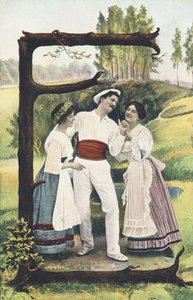 E: Valkoiseen ja punaiseen pukeutunut mies seisoo kahden naisen välissä, joilla on hameet, puserot ja esiliinat. Maalaissisustus - Aakkosmerkit Ref Th. E., L. Theochrom - Serie 994. Theodor Eisman, kustantaja, Leipzig tekijältä Unbekannt
