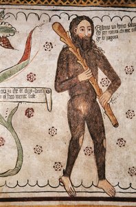Ego sonto un homo salvadego per natura, chi me ofende ge fo pagura (Olen luonteeltani villi mies, ne, jotka loukkaavat minua, pelkään), fresko, Homo Salvadego -museo, Sacco, Cosio Valtellino, Lombardia, Italia tekijältä Benjamin Baud