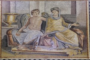 Eros ja Psyche, mosaiikki Zeugmasta, Zeugma Mosaic Museum, Gaziantep, Kaakkois-Anatolian alue, Anatolia, Turkki, Aasia tekijältä Unbekannter Künstler