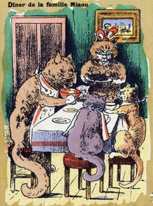 Perheillallinen miau. Kuvitettu aakkoset. Kuvat yhdistyivät Jarville-Nancyssa 1900-luvun alussa. Mitat: 40 x 29 cm. Litografia bistre-taustalla tekijältä Unbekannt