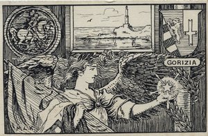 Ensimmäinen maailmansota (1914-1918): italialainen isänmaallinen postikortti Gorizian liittämiseksi Italiaan tekijältä Unbekannter Künstler