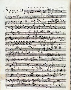 Ensimmäinen sivu viululle J Haydnin sinfoniassa nro 2 tekijältä Unbekannter Künstler