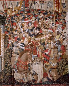 Flanderin kuvakudos. Sarja Troijan sota. Akilleuksen kuolema (Muerte de Aquiles). Sarjan kahdeksas kuvakudos. Malli Coëtivy Master (Henry tai Conrard de Vulcop). Valmista Tournai työpajoja. Noin 1470. Kangas Villaa ja silkkiä, 6/7 loimi/cm. Koko 482 x 942  tekijältä Unbekannt
