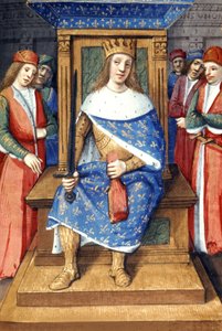 Ranskan kuningas Ludvig IX (pyhä Ludvig, 214-1270, kuningas 1226-1270) valtaistuimellaan, ranskalainen valaisu tekijältä Unbekannter Künstler