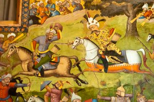 Fresko; Shah Ismail valkoisella hevosella Taher Abadin taistelussa; 1510; uzbekkeja vastaan Mervissä; Chehel Sotoun; Neljänkymmenen pilarin palatsi; Isfahan; Iran; Aasia tekijältä Unbekannt