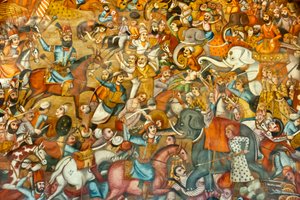 Fresko; taistelu; Nadir Shahin taistelu Karnalin taistelussa; 1739; hevosella; sulttaani Mohammed Shah Gurkania vastaan valkoisella norsulla; Chehel Sotoun; Neljänkymmenen pilarin palatsi; Isfahan; Iran; Aasia tekijältä Unbekannt
