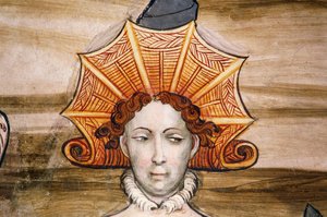 Baronial Hallin freskot (1400-luku), yksityiskohta, Della Mantan linna, Manta (Cuneo), Piemont, Yksityiskohta, Italia tekijältä Benjamin Baud
