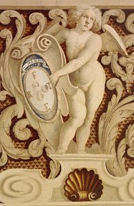 Baronial Hallin freskot (1400-luku), yksityiskohta, Della Mantan linna, Manta (Cuneo), Piemont, Yksityiskohta, Italia tekijältä William M. Timlin
