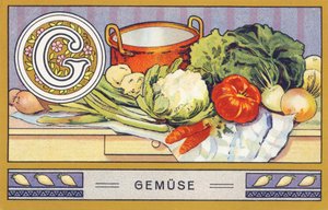 G: Kasvis - Alphabet Palmine. Kromolitografioiden sarja, toimittajina H. Schlinck & Cie, Hamburg, s. d. . Mainos Palminin hienoimmasta kookosrasvasta. Mitat: 7 x 11 cm tekijältä William M. Timlin