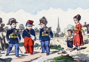 Santarmit. Kaiverrus "lasten sotilasaakkosilla". Kuvat Pont-a-Moussonista, noin 1890. 20 sivua. Aurinko: 28,5 x 21 cm tekijältä Unbekannt