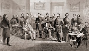 Kenraali Ulysses S. Grant (istuu keskellä oikealla) ja kenraali Robert E. Lee (istuu keskellä vasemmalla) henkilökuntansa kanssa Appomattoxin oikeustalossa Virginiassa, missä kenraali Lee luovutti Pohjois-Virginian armeijan ja päätti siten Yhdysvaltain sis tekijältä Unbekannt