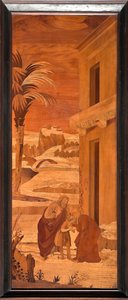 Genova, Duomo (Pyhän Laurentiuksen katedraali), sisällä, apsi, kuoro, pohjoispuoli: "Johannes Kastaja lomailee perheestään", Vincenzo ja Tommaso Garassinon puuintarsia (XIX vuosisata) tekijältä Unbekannter Künstler