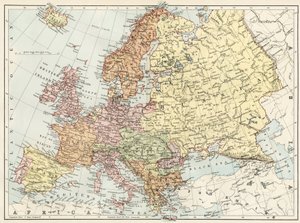 Euroopan maantieteellinen kartta 1870-luvulla. 1800-luvun värilitografia tekijältä Unbekannter Künstler