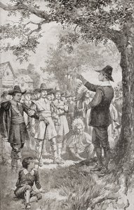 George Fox saarnaa väkijoukolle Marylandissa, Amerikassa vuonna 1671 paikallisen kveekarikokouksen nelipäiväisen kokouksen aikana. George Fox tekijältä Unbekannter Künstler