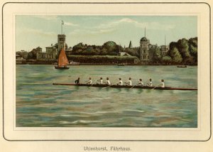 Saksa, Hampuri, Uhlenhorstin lauttarakennus Alster-järven rannalla, kuva : "Ansichten-Album Hamburg", julkaisija C. Schneider, Berlin NW n.1890 (litografia). tekijältä Unbekannter Künstler
