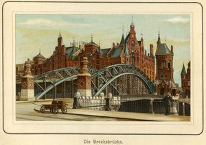 Saksa, Hampuri, "Brooksbruecke" (Brooksin silta) ja taustalla sataman varastot, nimeltään "Speicherstadt", noin 1890 (litografia). tekijältä Unbekannter Künstler