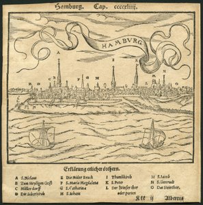 Saksa, Hampuri, näkymä kaupunkiin, etualalla Elbe-joki, kuvitus Sebastian Münsterin (Münster) Cosmographiasta, noin 1570 (kaiverrus). tekijältä Unbekannter Künstler