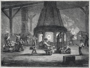 Lasinvalmistusta 1800-luvun jälkipuoliskolla : lapset työskentelevät, n. 1880 (kaiverrus). tekijältä Unbekannter Künstler