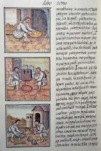 Kullankäsittely Espanjan valloituksen jälkeen, sivu Florentine Codexista, General History of the Things of New Spain, espanjalainen lähetyssaarnaaja Fray Bernardino de Sahagun (1499-1590). Atsteekkien sivilisaatio tekijältä William M. Timlin