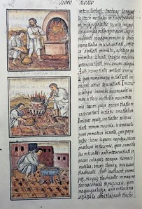 Espanjalaisten kultatuotanto, sivu Firenzen Codexista, kaksikielinen versio espanjaksi ja nahuatliksi, General History of the Things of New Spain, espanjalainen lähetyssaarnaaja Fray Bernardino de Sahagun. Atsteekkien sivilisaatio tekijältä William M. Timlin
