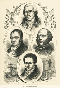 Suuret insinöörit ja keksijät: James Watt, John Ericsson, Robert Fulton, Richard Trevithick, n. 1880 (m/v kuva) tekijältä Unbekannt
