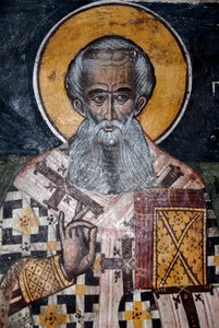 Kreikan ortodoksinen kristinusko; antiikin Bysantin freskot; piispa Nikolauksen seinämaalaus; Agios Nikolaoksen kirkko Petrassa; Lesbot; Egeanmeri; Kreikka; Euroopassa tekijältä Unbekannt