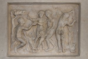 Kreikkalainen mytologia: Pariisin tuomio. Paimen Parisin on valittava kaunein kolmesta jumalattaresta Afroditen (Venus) luona, seuranaan Cupid, Hera (Junon) ja Athena (Minerva). Hän valitsee Afroditen, jolle hän tarjoaa kultaomenan. Helpotus tekijältä Unbekannt
