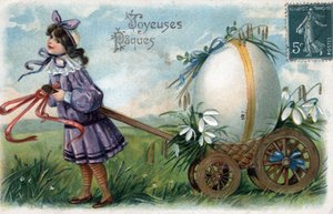 Targeta de felicitació per Pasqua: una nena atrapa un ou gegant en un carro - Postal finlandesa de finals del segle XIX-XX tekijältä William M. Timlin