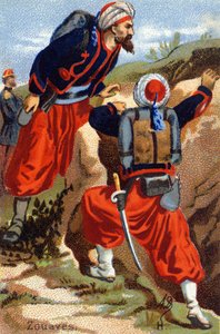 H: Zouaves. Kaiverrus "Military Alphabet" -kirjaimella. Kuvittajan nimikirjaimet: A. D. Tuntematon kustantaja. Kromolitografiat 1800-luvun lopulla. Mitat: 10,5 x 7 cm. tekijältä Unbekannt