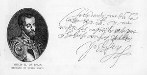 Espanjan kuninkaan Philip II:n käsiala ja allekirjoitus (kynä ja muste paperille) tekijältä Unbekannt