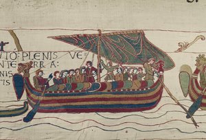 Haroldin laivat puhalletaan Ponthieun kreivi Guyn alueelle, Bayeux Tapestry (villakirjonta pellavalle) tekijältä Unbekannt