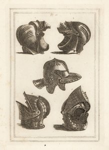 John de Courcyn kypärä, Earl of Ulster 1,2, Oliver Cromwellin päähine 3, kallistuva kypärä 4,5 tekijältä Unbekannt