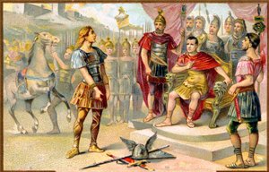 Historia. Antiikin Rooma. Vercingetorix (gallialaisen heimon päällikkö: Averni) antautuu Julius Caesarille Alesiassa, 52 eaa. Kuvat, Ranska, c. tekijältä Unbekannter Künstler
