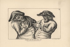 Hodge ja Roaf syyttävät toisiaan siitä, että he ovat jättäneet pissapadan olutkannun tilalle. Thomas Sandersin kuparikaiverrus Timothy Bobbinin (John Collier) (1708-1786) satiirisen kuvituksen mukaan, teoksesta Human Passions Delineated, John Haywood, Manc tekijältä Unbekannter Künstler