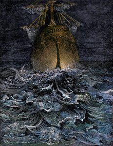 Katselin merta hajoamassa, laivan runkoa yöllä merellä - Gustave Doren (1832-1883) kuvitus Samuel Taylor Coleridgen (1772-1834) teokseen "La Lournte du vieux sailor" - Värillinen kaiverrus. tekijältä Unbekannter Künstler