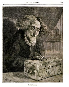 Kuva Eugene Suen romaanista "Vaeltava juutalainen" - FERDINANDUSIN kaiverrus Jules Rouffin painoksessa 1883. David Samuel, De Rennepontin perheen omaisuuden huoltaja, jossa kasetti (arkku), joka sisältää arvopaperit, osakkeet ja seteleitä tekijältä Unbekannt