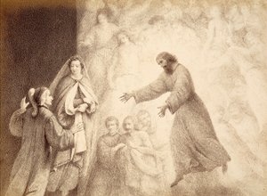 Marsin sfäärissä Dante tapaa esi-isänsä Cacciaguidan hengen. Kuvitus Dante Alighierin Jumalaisen komedian Paradiso-kappaleen XV laulusta. Franceso Scaramuzzan Firenzen kunnalle omistama teos. tekijältä Unbekannter Künstler