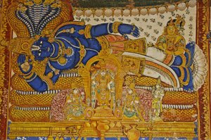 Intia, Tamil Nadu, Srirangam, Sri Ranganathasvami Hindu Temple (alkuperäinen 10. vuosisadalla), seinämaalaus Vishnusta. tekijältä Unbekannt