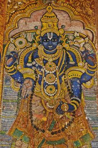 Intia, Tamil Nadu, Srirangam, Sri Ranganathasvami Hindu Temple (alkuperäinen 10. vuosisadalla), seinämaalaus Vishnusta. tekijältä Unbekannt