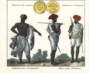 Intian puvut: mies Coromandelin rannikolta ja kaksi sotilasta Mysoresta (tai Maissourista). Mukana Itä-Intian komppanian kultakolikko. Kirjan litografia: "Galerie complete en tableaux fideles des peuples d