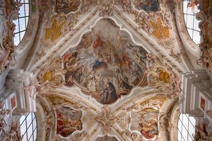 Sisustuskuva kattofreskoista, kattomaalauksesta, luostarin basilikasta, luostarin kirkosta, augustinolaisten kaanonien luostari, Neustiftin luostari, myös luostari, Vahrn lähellä Brixeniä, Bressanone, Etelä-Tirol, Italia, Eurooppa (kuva) tekijältä Unbekannter Künstler