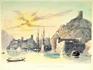 Muscatin (Oman) sataman sisäkuva, jossa on kuvaus linnoitetuista rakennuksista ja kiinnitetyistä aluksista. Everstiluutnantti Paint Charles Hamilton Smith (1776-1859). tekijältä Unbekannter Künstler
